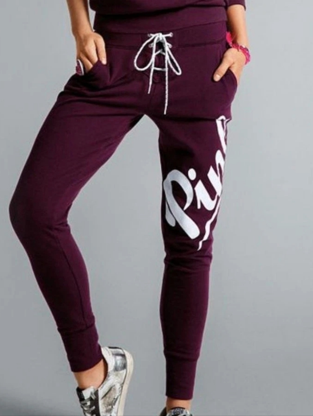 VS PINK Burgundy Lace-Up Collegiate Joggers - Size M